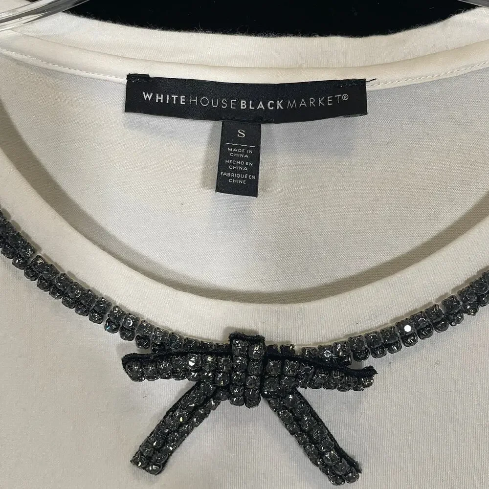 White House Black Market‎ Tee Rhinestone Bow Neckline Embellished Party S - Picture 2 of 4
